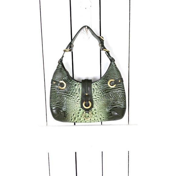 Charlie Lapson green Italian leather croc reptile embossed shoulder handbag - Picture 1 of 8